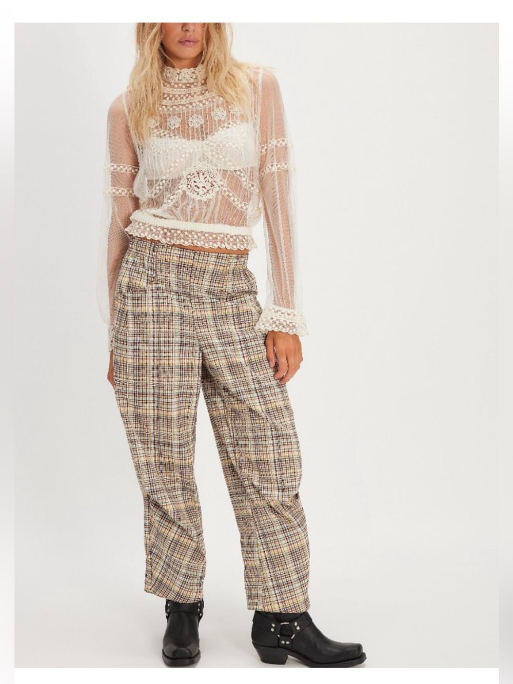 Free People Nice Choice Pull on Trousers in Plaid Ivory Combo
